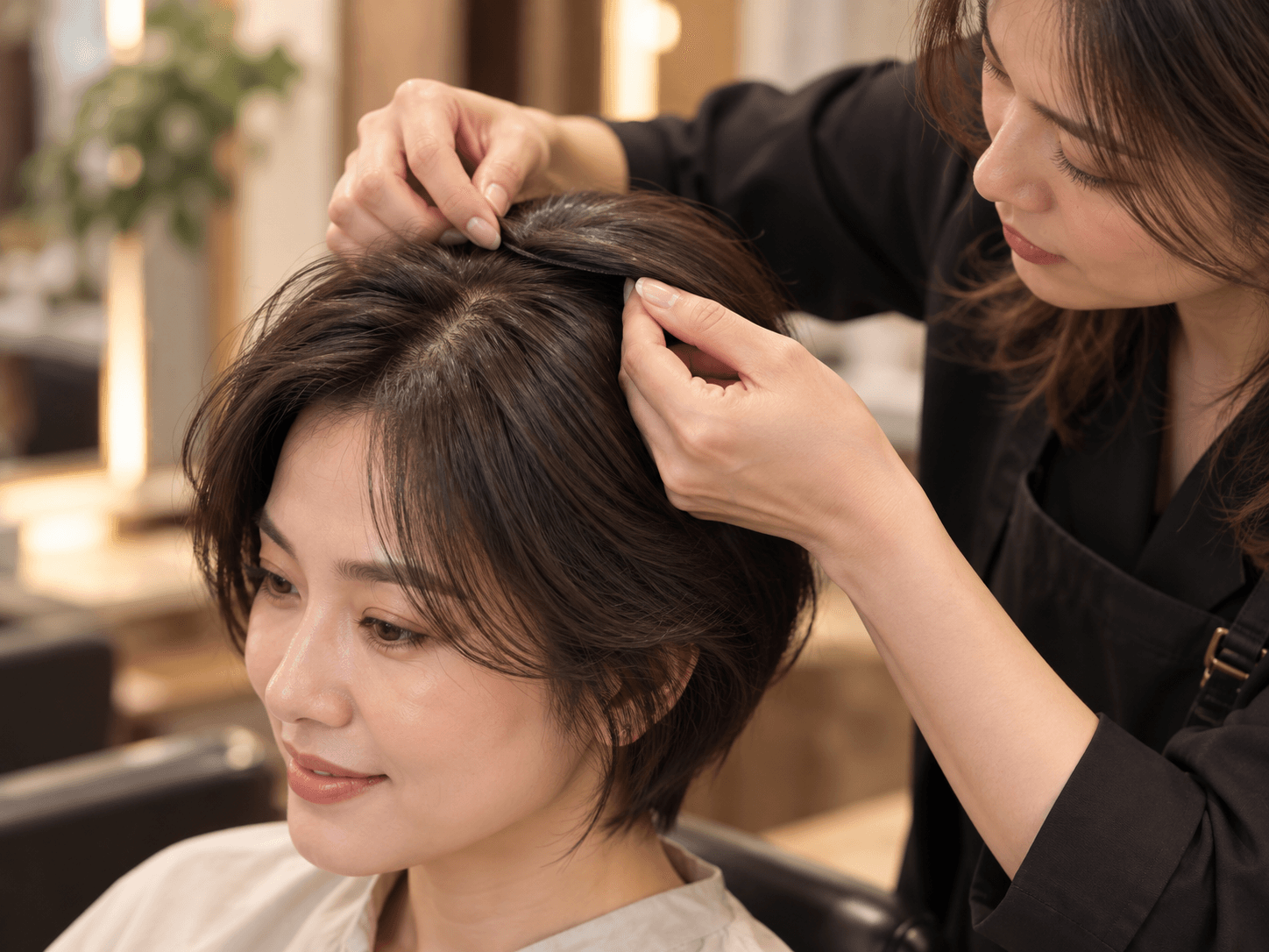 髮型師調整女士髮片的貼合位置